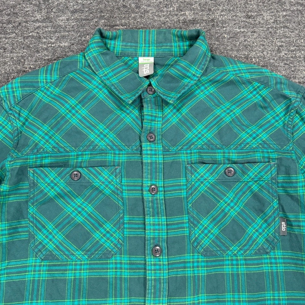 Stio Flannel Shirt Men Large Cotton Long Sleeve Green Plaid Chest Pockets Hike